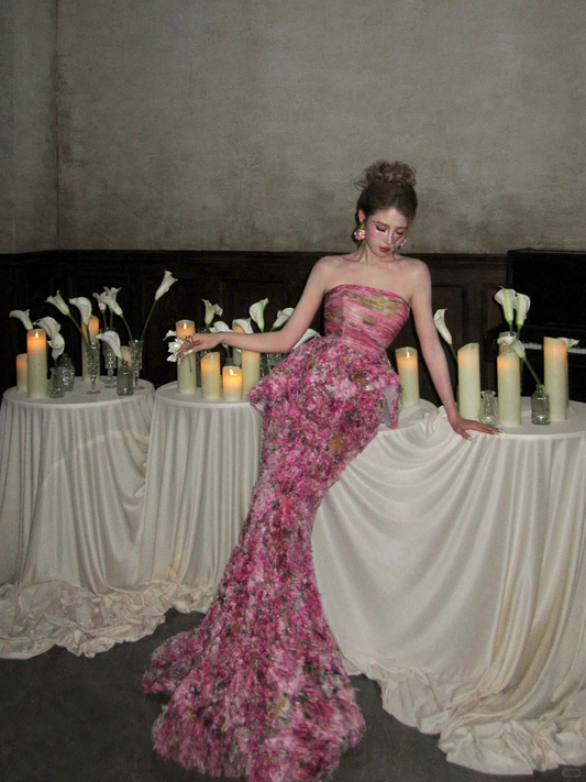 Pink Mermaid Strapless Printed Floral Chiffon Long Party Dress Prom Dress DP2524