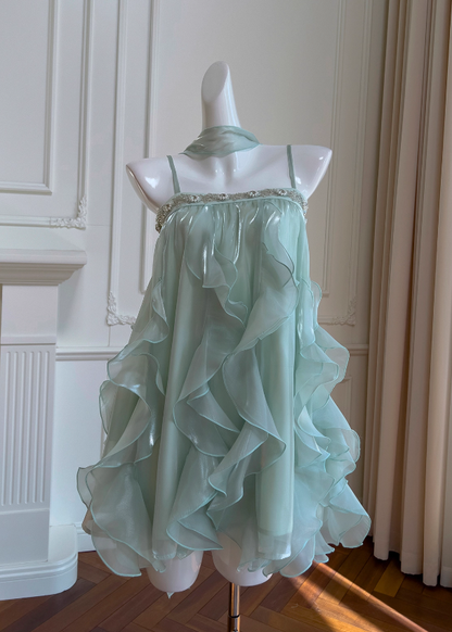Stunning Green Two Piece A Line Beaded Tulle Chiffon Prom Dress Wedding Guest Dress DP4488