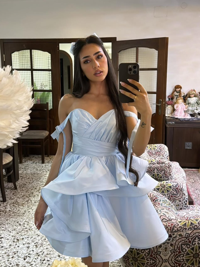 Baby Blue A Line Off the Shoulder Pleated Satin Short Homecoming Dress Birthday Dress DP2976
