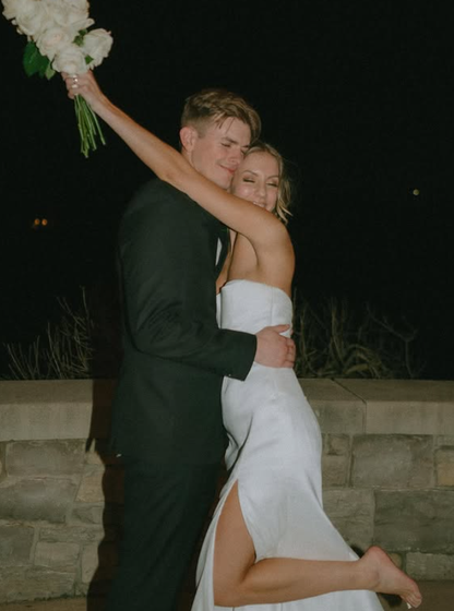 Classic Mermaid Strapless White Satin Long Train Slit Wedding Dress DP6074