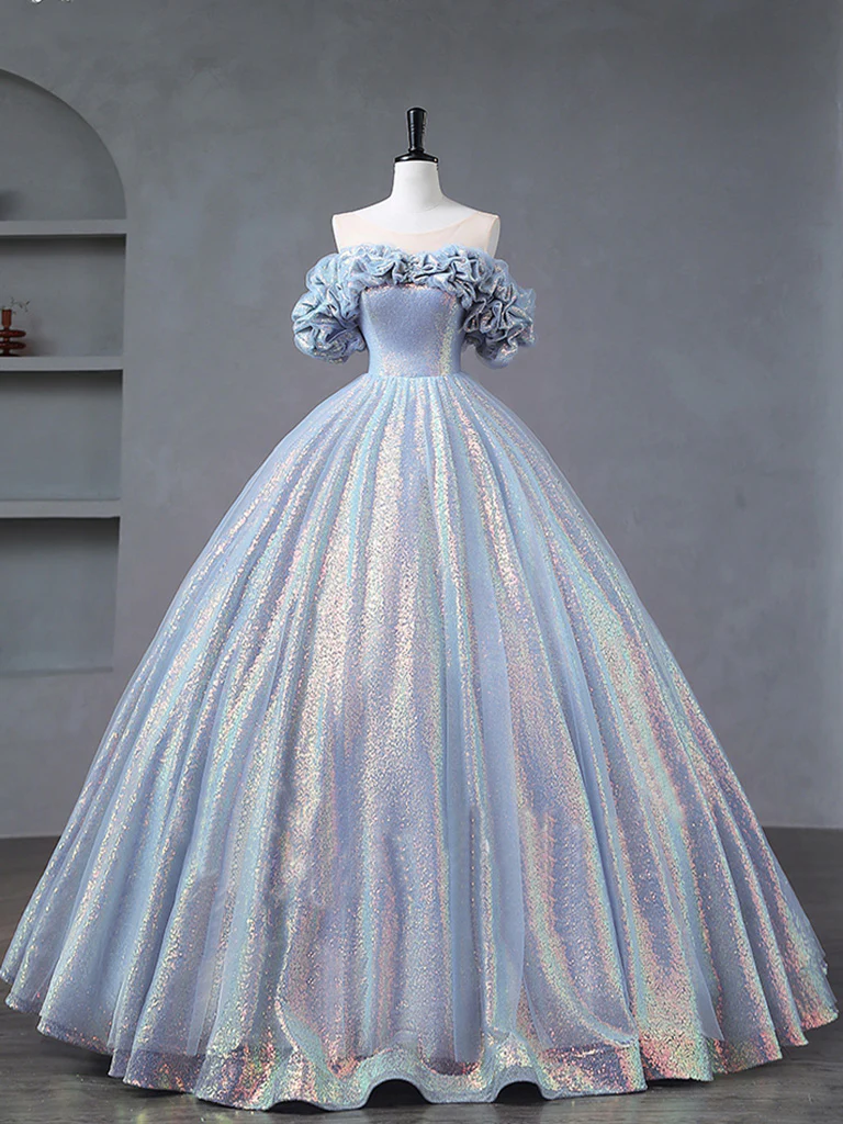 A-Line Off Shoulder Tulle Sequin Long Prom Dress Formal Evening Ball Gown DP156