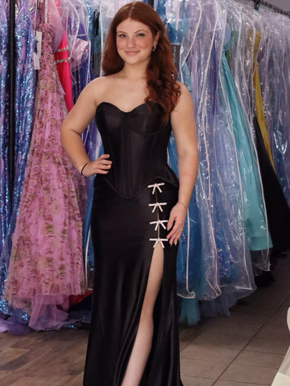 Sexy Black Sheath Sweetheart Neck Corset Satin Slit Long Prom Dress Evening Dress DP6272