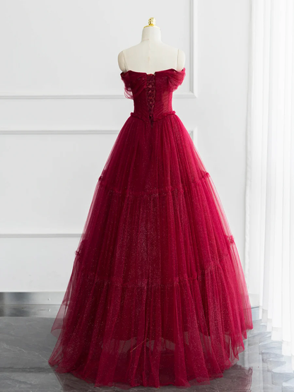 Burgundy Shiny Tulle Long Prom Dress Off the Shoulder Evening Dress DP400