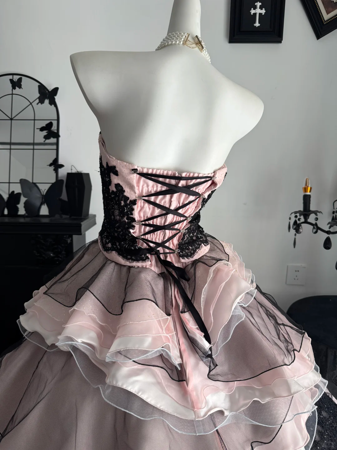 Black-pink Ball Gown Strapless Layered Organza Prom Dress Quinceanera Dress DP6969