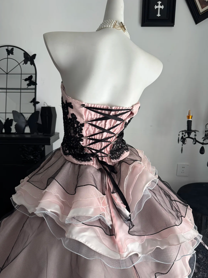 Black-pink Ball Gown Strapless Layered Organza Prom Dress Quinceanera Dress DP6969