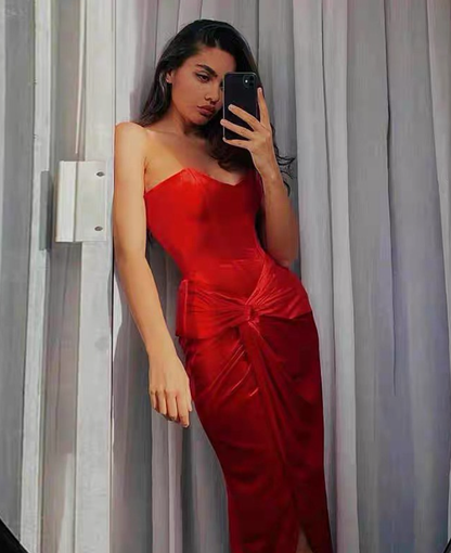 Sexy Red Sheath Strapless Velvet Long Prom Dress Graduation Prom Dress with Slit DP4887