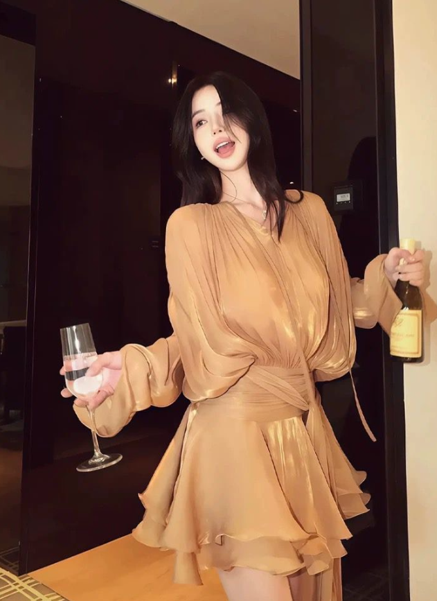 Brown A Line Long Sleeve Layered Chiffon Short Outfits Vacation Dress DP4885