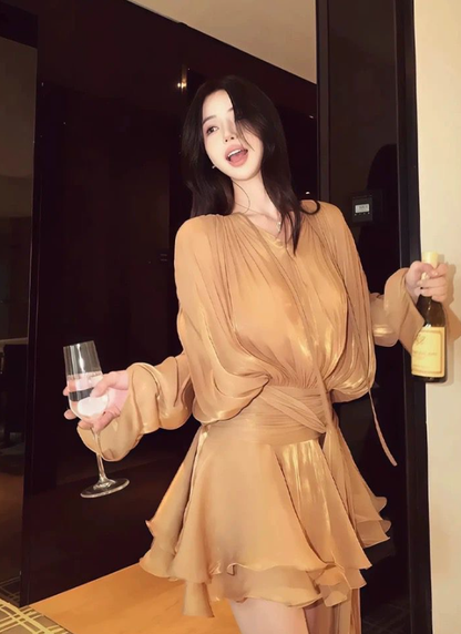 Brown A Line Long Sleeve Layered Chiffon Short Outfits Vacation Dress DP4885