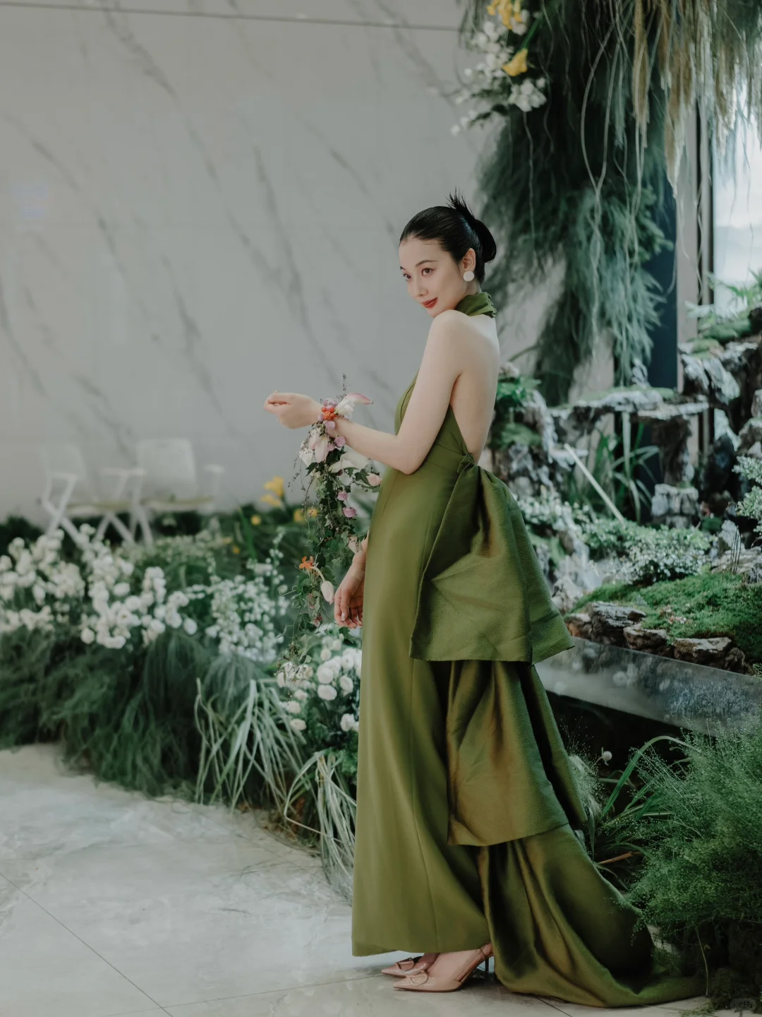 Stunning A Line Halter Green Satin Open Back Long Party Dress Prom Dress DP2535