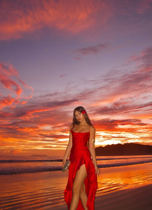 Red Mermaid Spaghetti Strap Ruffle Satin Open Back Prom Dress Vacation Dress with Slit DP3989