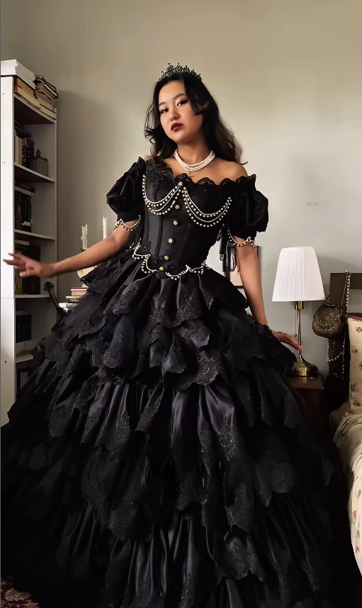 Black Ball Gown Puff Pearl Layered Lace Satin 16th Birthday Dress Quinceanera Dress DP4437