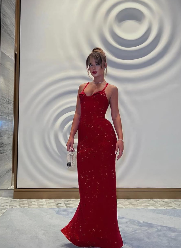 Red Sheath Spaghetti Straps Rhinestone Satin Long Prom Dress Evening Dress DP1516