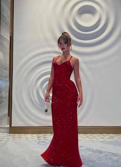 Red Sheath Spaghetti Straps Rhinestone Satin Long Prom Dress Evening Dress DP1516