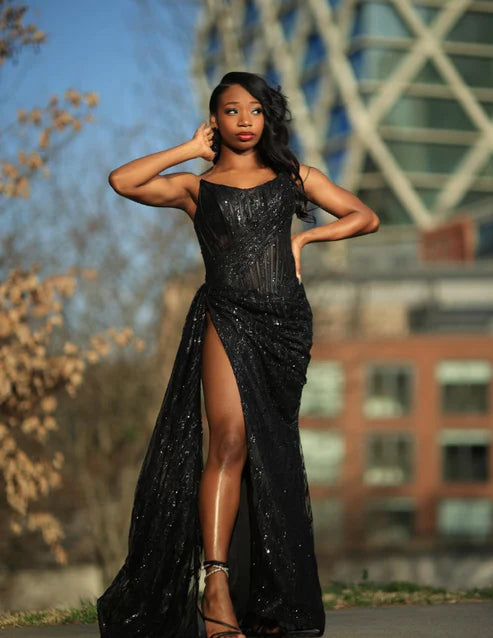 Sexy Black A Line Strapless Sequin Slit Long Prom Dress Evening Dress Date Dress DP3053