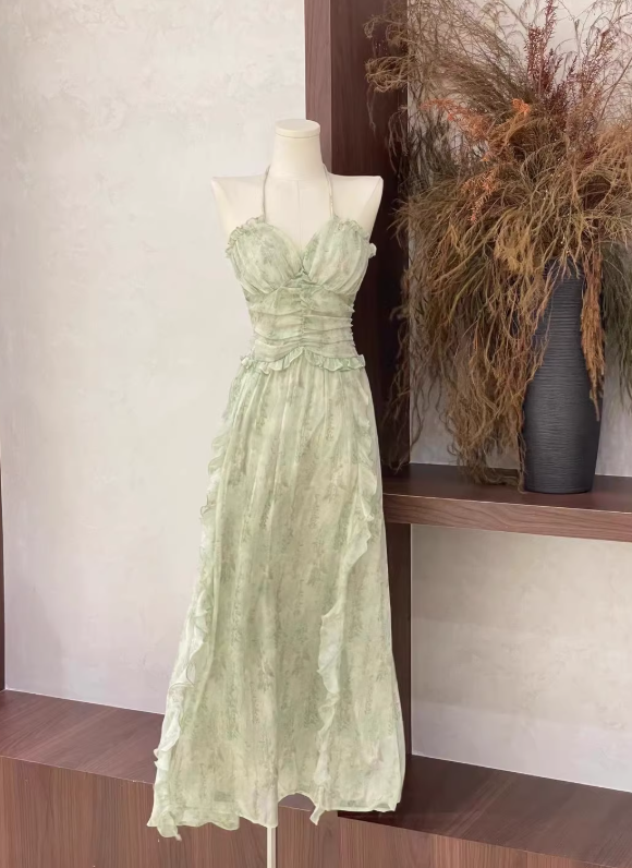 Light Green A Line Halter Print Floral Chiffon Prom Dress Outfits DP4711