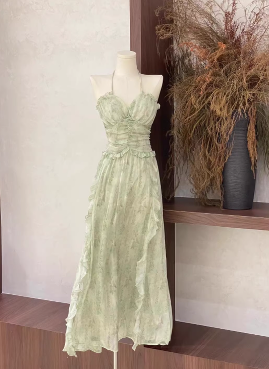Light Green A Line Halter Print Floral Chiffon Prom Dress Outfits DP4711