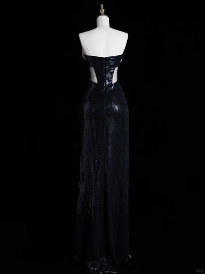 Cute Sheath Strapless Pink Flower Black Sequin Long Prom Dress Evening Dress DP2099
