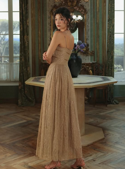 Gentle Brown A Line Spaghetti Strap Lace Prom Dress Evening Dress DP5420