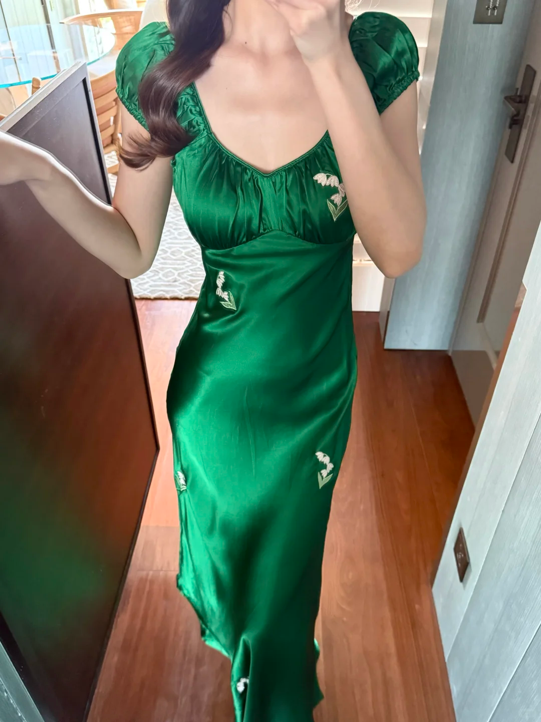 Lily of the valley Embroidery Emerald Satin Prom Dress DP5161