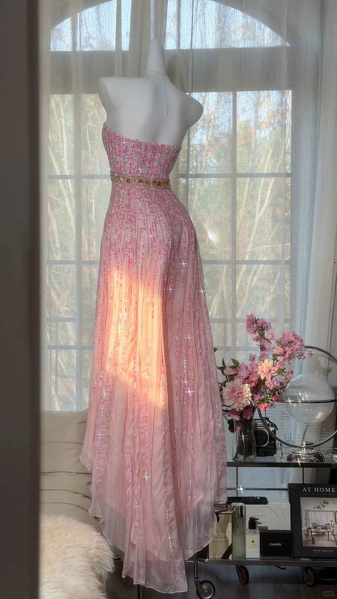 Pink Fairy A Line Strapless Shiny Sequin Chiffon Prom Dress Graduation Prom Dress DP4941