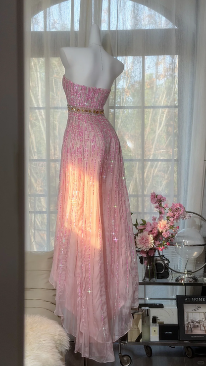 Pink Fairy A Line Strapless Shiny Sequin Chiffon Prom Dress Graduation Prom Dress DP4941