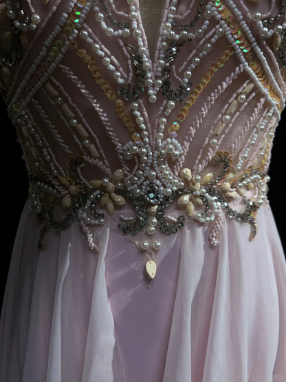 Elegant A Line Round Neck Beaded Pink Chiffon Long Open Back Prom Dress Party Dress DP2769