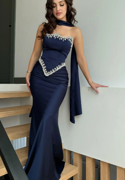 Navy Blue Sheath Strapless Exquisite Beaded Satin Prom Dress Evening Dress DP5028