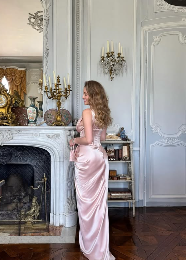 Gentle Pink Sheath V Neck Pleated Satin Long Prom Dress Party Dress DP6804