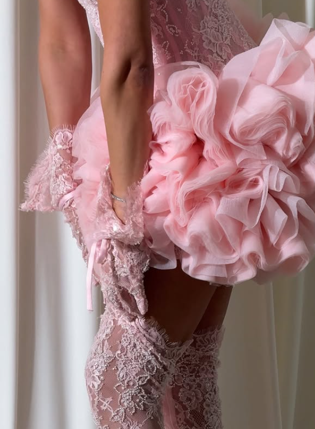 Princess Pink A Line Strapless Lace Tulle Short Prom Dress Homecoming Dress DP6209