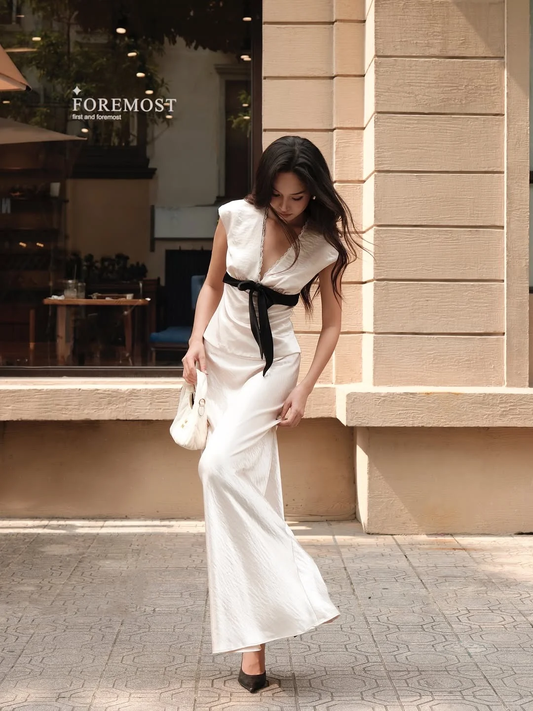 Classic Ivory Sheath V Neck Black Bow Satin Long Prom Dress Party Dress Outfits DP4528