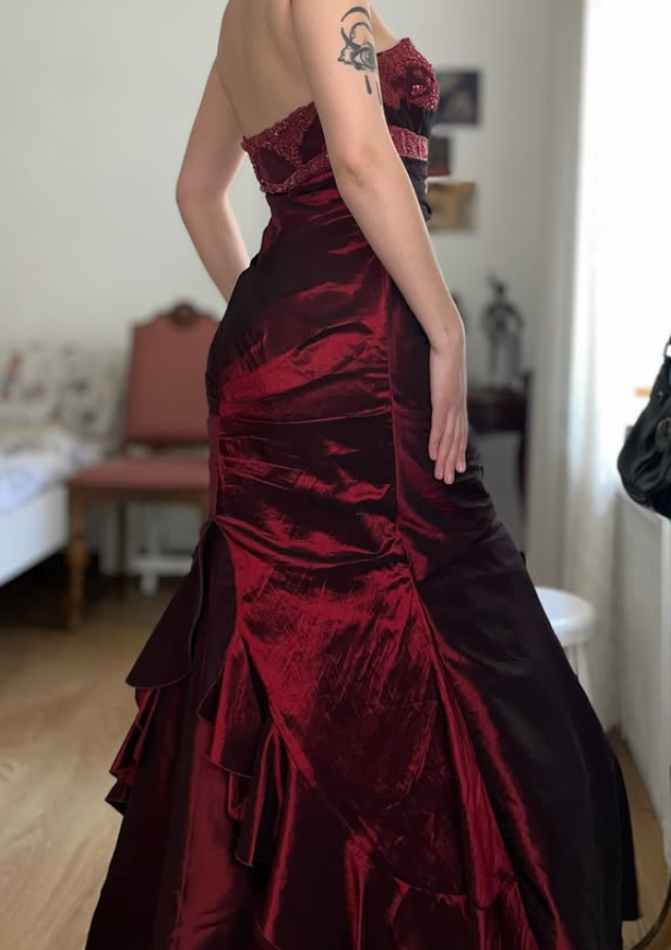 Vintage Burgundy Mermaid Strapless Beaded Satin Prom Dress Evening Dress Date Dress DP5702