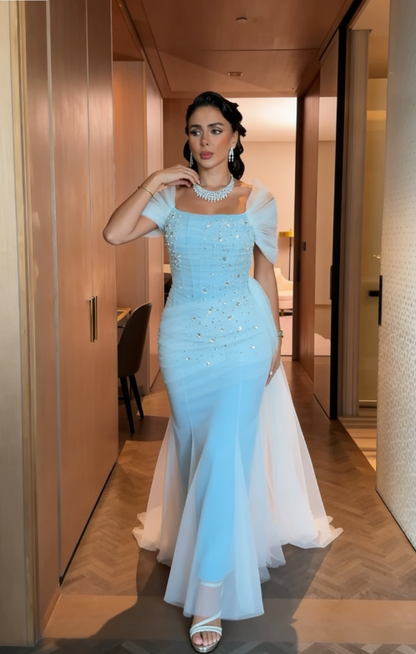 Gentle Blue Mermaid Off the Shoulder Beaded Tulle Prom Dress Evening Dress DP4341