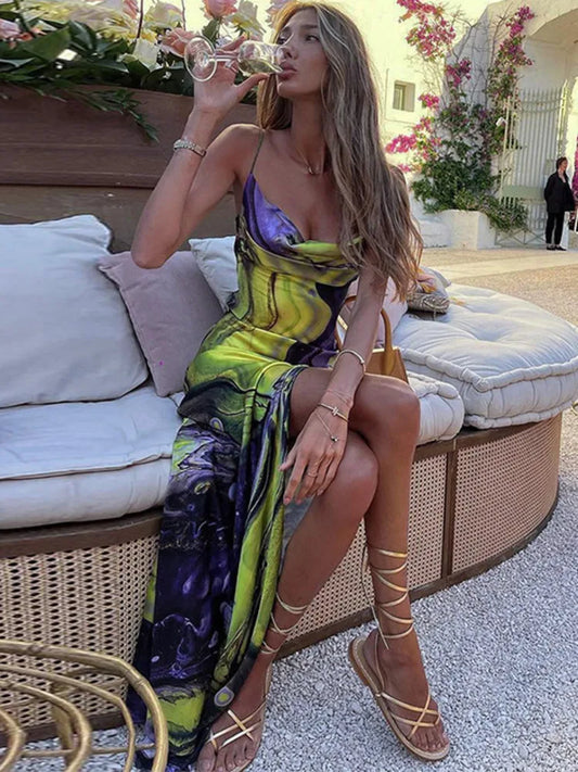 Sheath Spaghetti Strap Print Floral Satin Long Prom Dress Evening Dress with Slit DP1449
