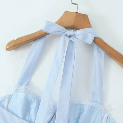 Sky Blue A Line Halter Lace Satin Short Homecoming Dress Evening Dress DP1288
