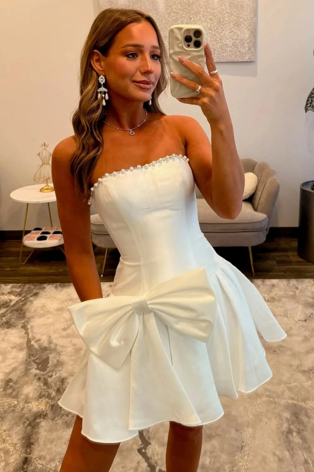 Cute A Line Strapless White Short Homecoming Dress with Pearls Bowknot DP7337