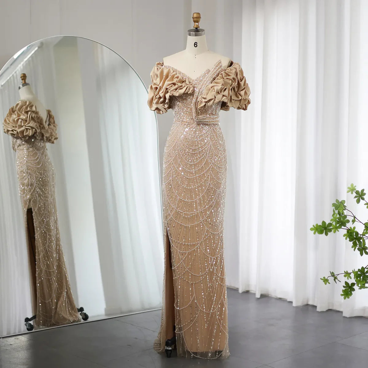 Elegant Mermaid Off-the-shoulder Sage Green Beaded Satin Slit Evening Dress DP956
