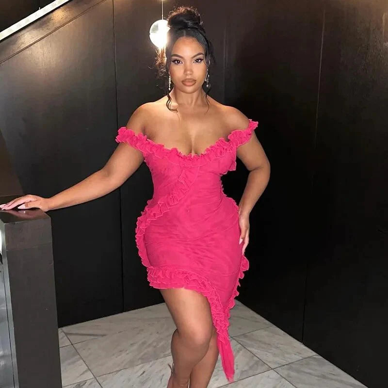 Sexy Sheath Off the Shoulder Hot Pink Tulle Short Party Dress Birthday Dress DP1455