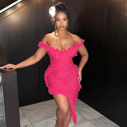 Sexy Sheath Off the Shoulder Hot Pink Tulle Short Party Dress Birthday Dress DP1455