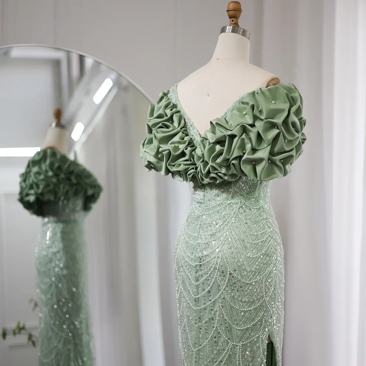 Elegant Mermaid Off-the-shoulder Sage Green Beaded Satin Slit Evening Dress DP956
