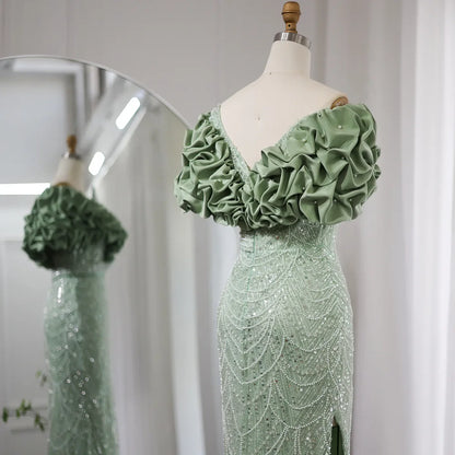 Elegant Mermaid Off-the-shoulder Sage Green Beaded Satin Slit Evening Dress DP956