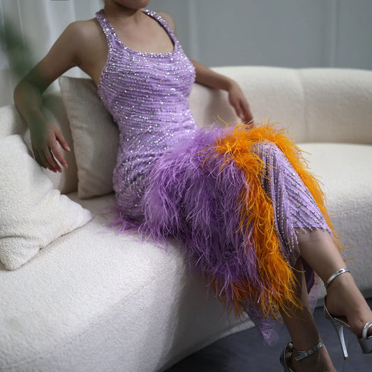 Luxury Feathers Lilac Halter Beading Satin Evening Dress Prom Dress DP959