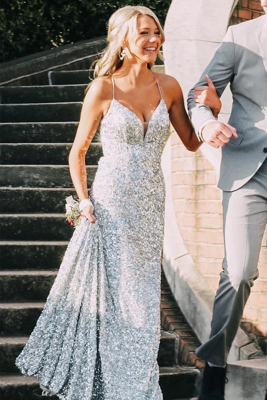 Sparkly Spaghetti Straps V-Neck Sequin Long Prom Formal Dress Evening Dress DP1149