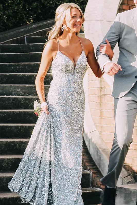 Sparkly Spaghetti Straps V-Neck Sequin Long Prom Formal Dress Evening Dress DP1149
