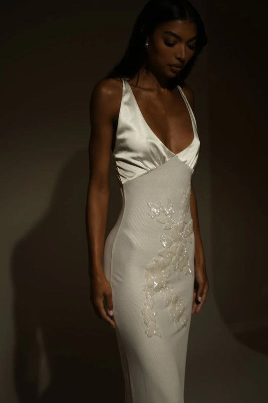 Simple Sheath V Neck Beaded White Satin Tulle Long Prom Dress Evening Dress DP1579