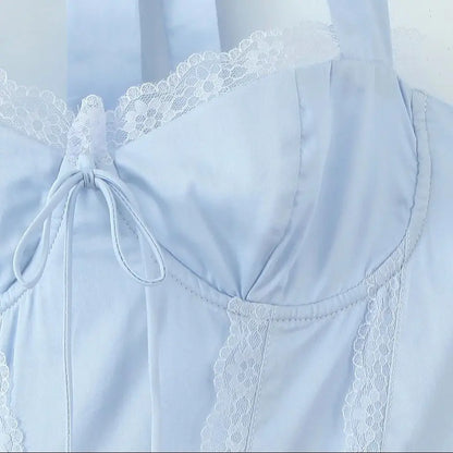 Sky Blue A Line Halter Lace Satin Short Homecoming Dress Evening Dress DP1288