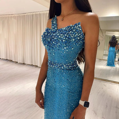 Luxury Turquoise One Shoulder Mermaid Sequins Evening Dress Prom Dress DP957