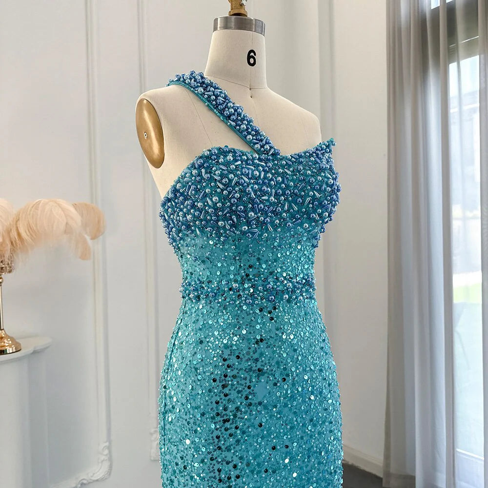 Luxury Turquoise One Shoulder Mermaid Sequins Evening Dress Prom Dress DP957