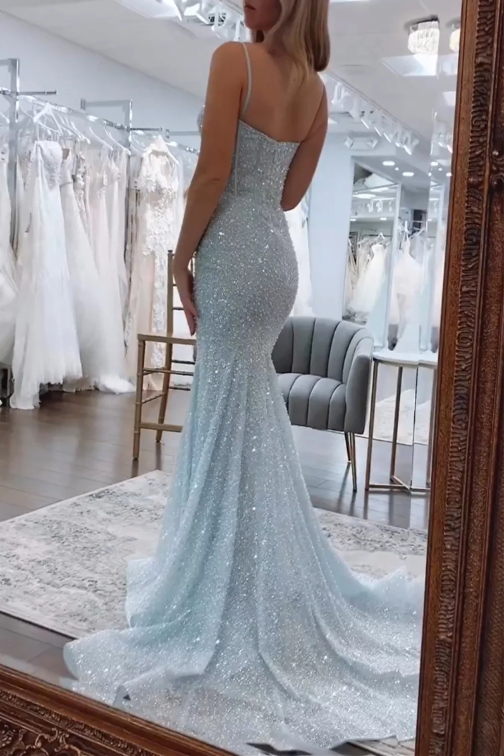 Shiny Baby Blue Mermaid Spaghetti Straps Long Beaded Prom Dress DP7766