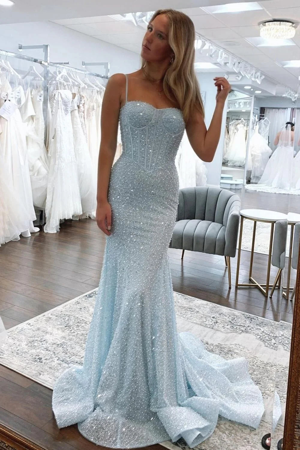 Shiny Baby Blue Mermaid Spaghetti Straps Long Beaded Prom Dress DP7766