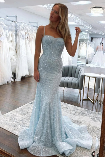 Shiny Baby Blue Mermaid Spaghetti Straps Long Beaded Prom Dress DP7766